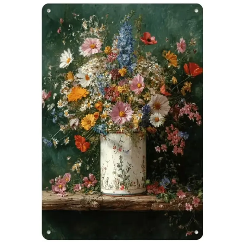 Vintage Distressed Iron Tin Sign - White Wildflower Bouquet in Dark Green Can, Casual Universal Decorative Shabby Chic Cottagecore Botanical Wall Plaque for Farmhouse Kitchen, Greenhouse