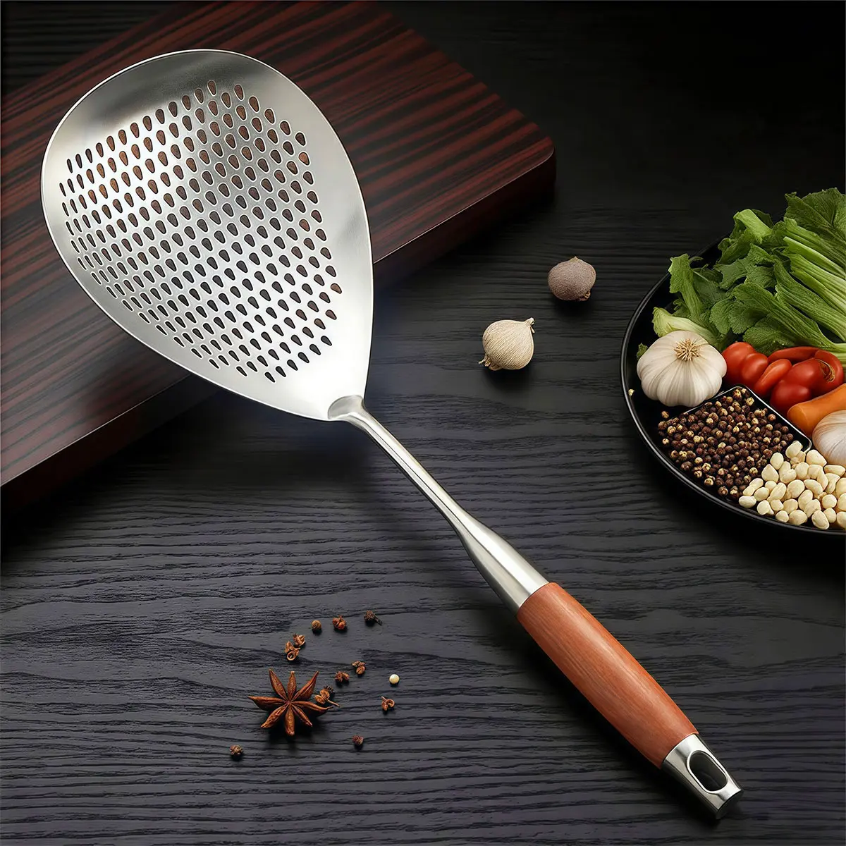 Stainless Steel Extra-Long Handle Slotted Spoon with Non-Slip Grip - Strainer Shape, Hanging Hole, Heat-Resistant Cooking Utensils, Durable Kitchenware for Noodles Prep, Everyday Cooking