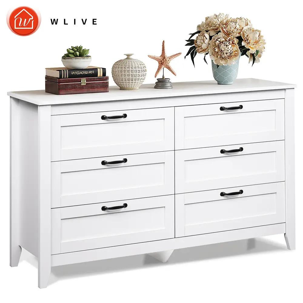 WLIVE 6 Drawer Dresser, Retro Chest of Drawers with Metal Handle, Double Wood Dresser for Bedroom, Living Room, Storage Cabinet, Cupboard Furniture