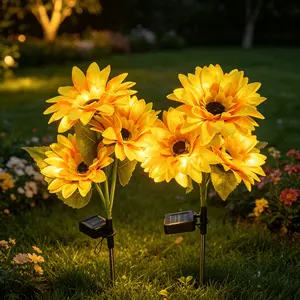 Three-head sunflower solar ground stake lights—multiple units can be combined to create layered garden nightscapes; suitable for year-round use along pool edges, flower bed paths, and villa backyards; ambient decorative lighting, IP44.