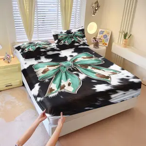3Pcs Teal Cowhide Pattern Fitted Sheet Set, Spotted Bow Design Bedding with Glossy Finish & White Edge Outlining, Stylish Graphic Bed Set for Unique Bedroom Decor, Perfect for Cowhide & Bow Theme Interiors, Includes 2 Pillowcases, No Pillow Core