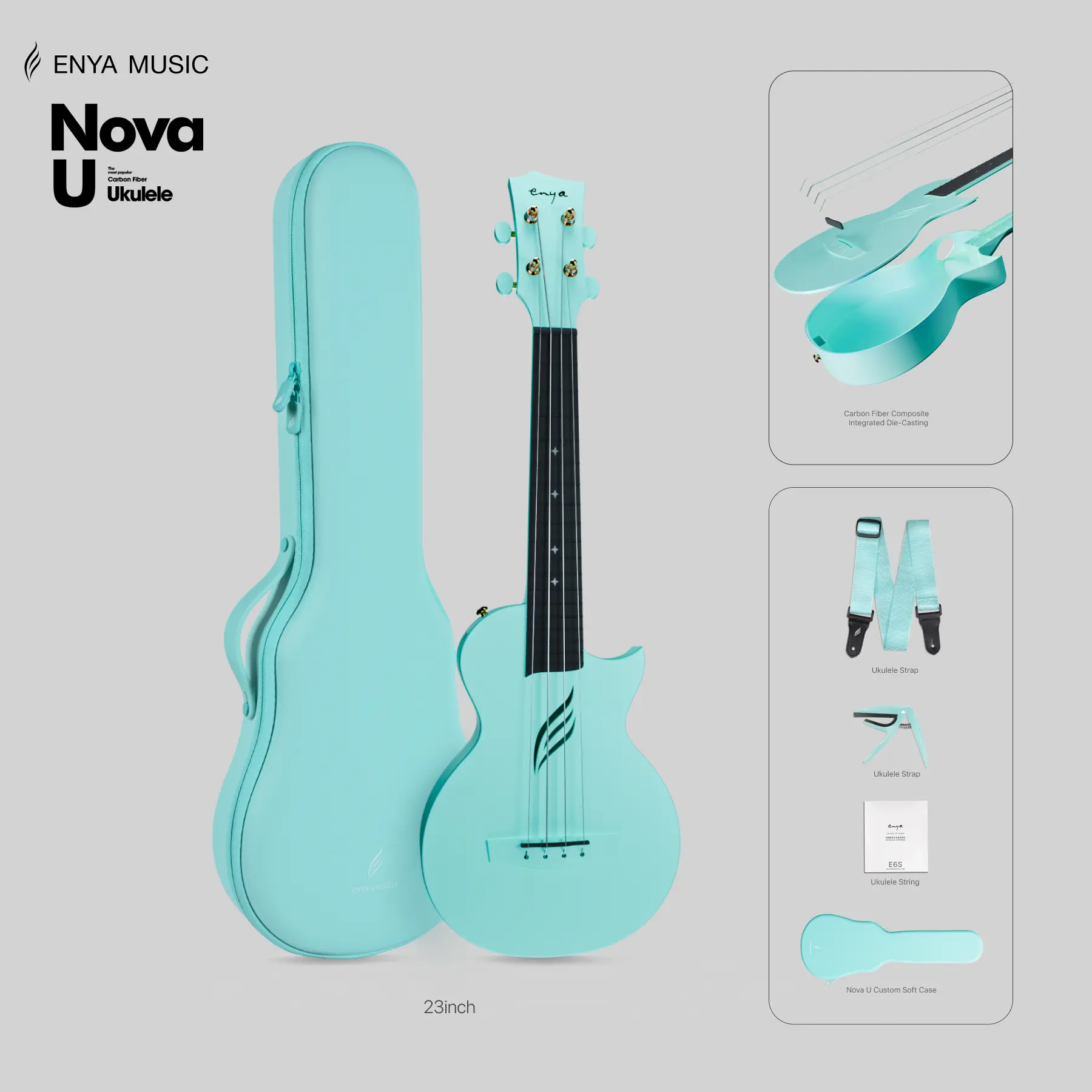 【Enya Nova U Ukulele】Carbon Fiber Concert Ukulele 23" -Waterproof Travel Ukulele with Case, Strap & Capo - All Weather Performance for Beginners & Travelers  Christmas Gift, TikTokShopHolidayHaul