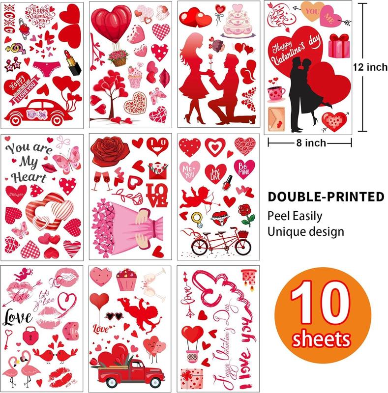 i-Beeboo Valentines Day Decor Window Clings 10 Sheets for Glass Windows Double-Sided Heart Decals with Red Love Flowers & Gifts Easy to Apply No Adhesive Needed