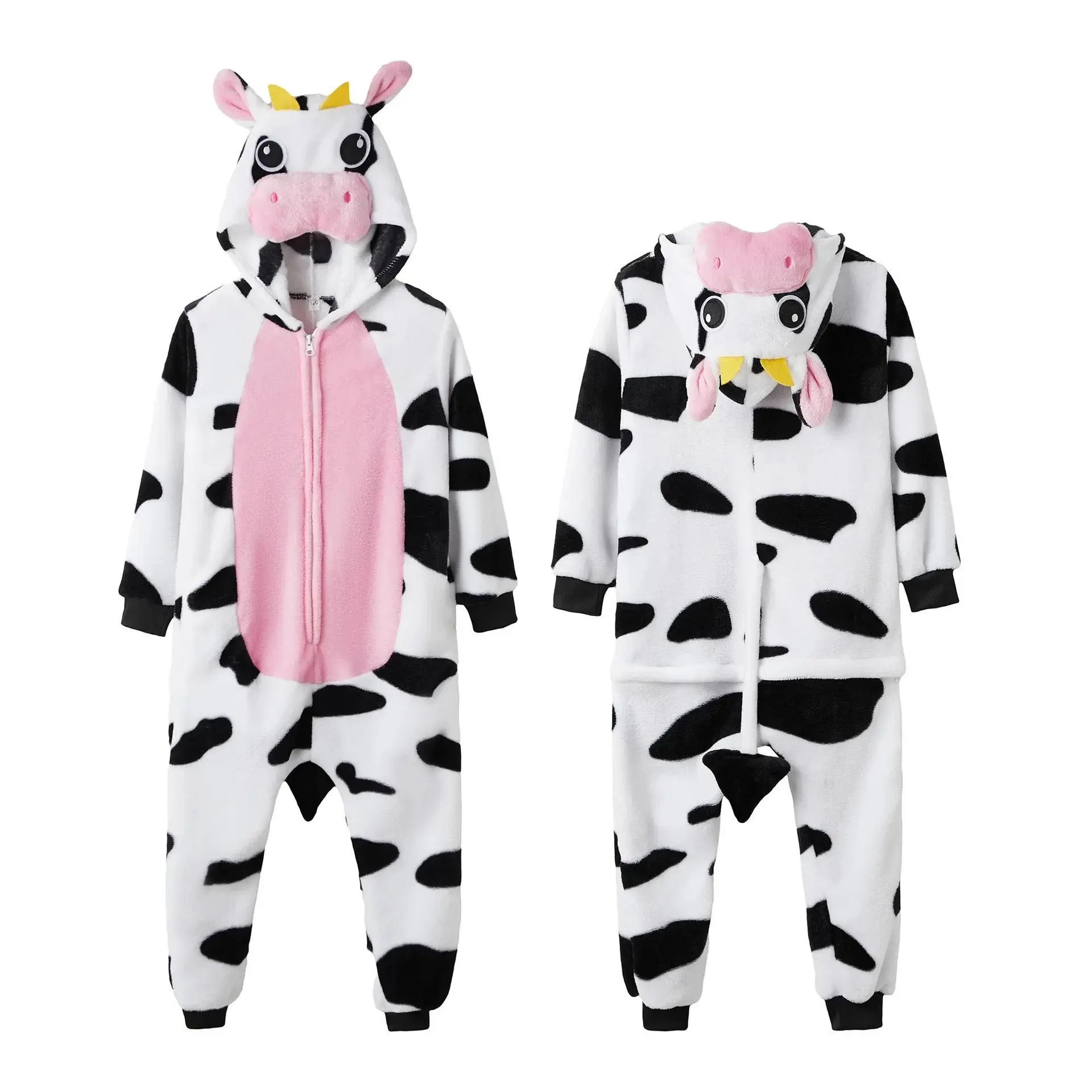 New Animal Cartoon Onesie Pajamas Flannel Sleepwear Milk Cow Series Outdoor Wearable Home Clothes for Adults