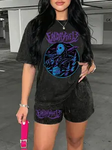 Women's Casual Fitted Two-Piece Set, Matching Outfit Set, Mask Print Round Neck Short Sleeve Shorts, Vintage Street Fashion, Perfect for Summer Holidays, Travel, Beach, Surfing, Womenswear
