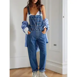 Women's blue denim workwear, women's clothing, women's clothing, adjustable shoulder straps, wide leg design, high waisted jeans, pockets, fashionable and comfortable, daily wearRAIMENTRY