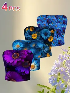 Dreamy Blue Sunflower Tube Top, Unique Design Slimming Forest Style Short Sleeve, Four Pieces Set, Fashionable Fitted Clothing