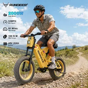 【RUNDEER Attack 10】Electric Bike 2000W Peak Power Full Suspension Long Seat, Hydraulic Disc Brakes, Color Display, Top Speed 32 MPH, 80 Miles Top Range, 48V 20Ah Battery, 20-Inch All-Terrain Fat Tires,  UL2849 Certified