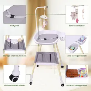 Baby Changing Table, Adjustable Height Diaper Changing Station, Baby Changing Station with Baby Crib Mobile, Changing Pad, Nursery Organizer and Large Storage Rack for Infant and Newborn