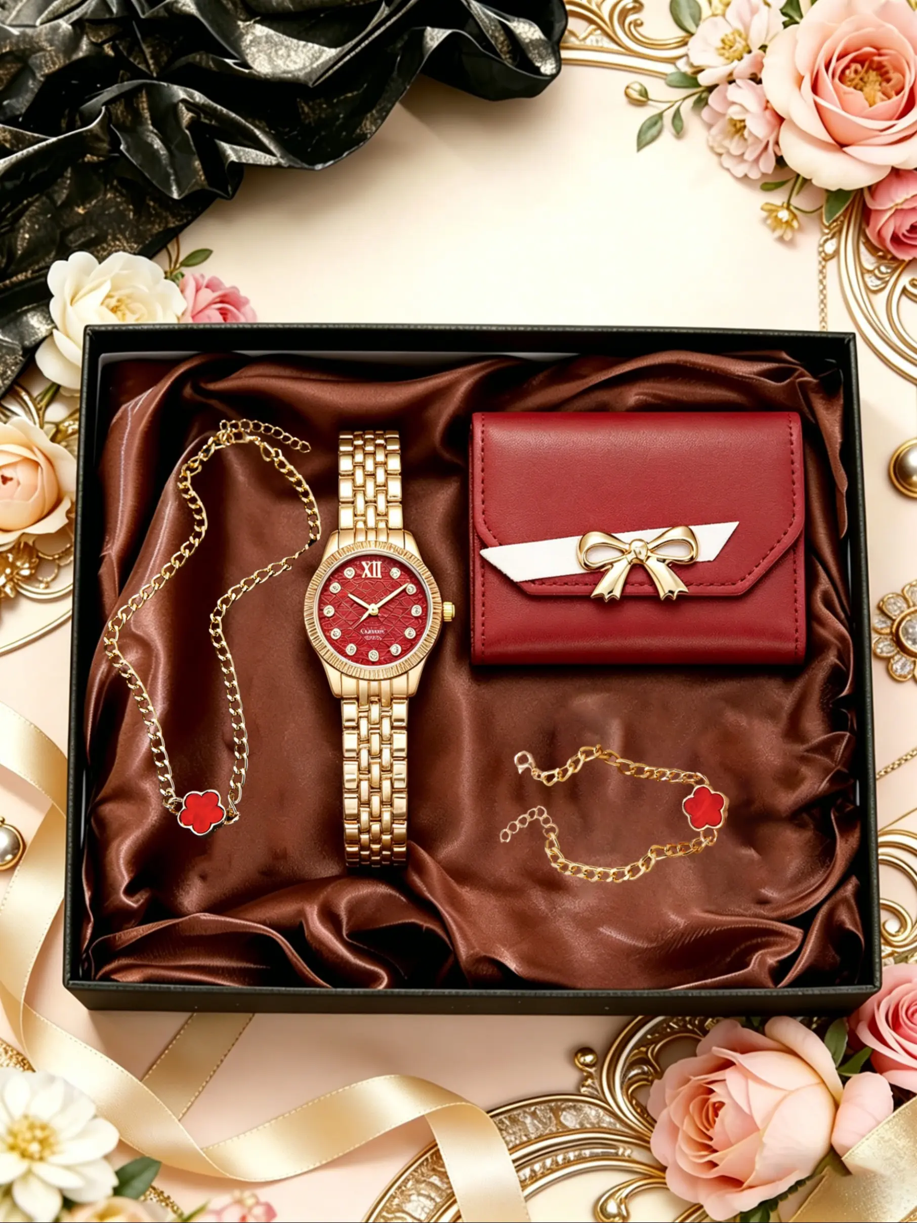 4pcs Mother's Day Gift Set, Luxury Gold Jewelry Watch Box, Watch Necklace Bracelet Wallet Kit, Practical High-End Gift for Mom, Elegant Set