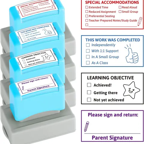 4PCS Self-inking Teacher Stamps Set - Classroom Grading, Behavior Feedback Marks, Completed Learning Signs, Cute Icons with Stars - Back to School Office Stationery for Teachers, Student Homework Supplies Gift