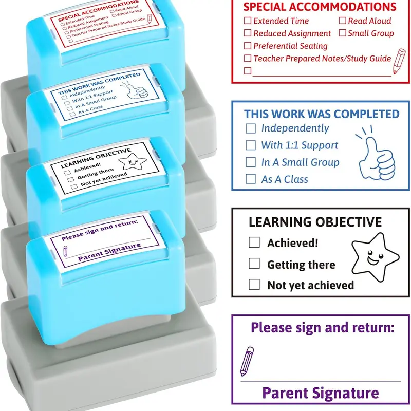 4PCS Self-inking Teacher Stamps Set - Classroom Grading, Behavior Feedback Marks, Completed Learning Signs, Cute Icons with Stars - Back to School Office Stationery for Teachers, Student Homework Supplies Gift