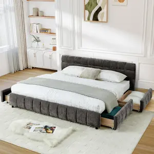 Upholstered Bed Frame, California King Size Platform Bed Frame with 4 Storage Drawers, Chenille Grounded Upholstered King size Bed with Headboard, Multifunctional Platform Bed Frame, No Box Spring Needed, Bedroom Furniture for Living Room, Dark Gray