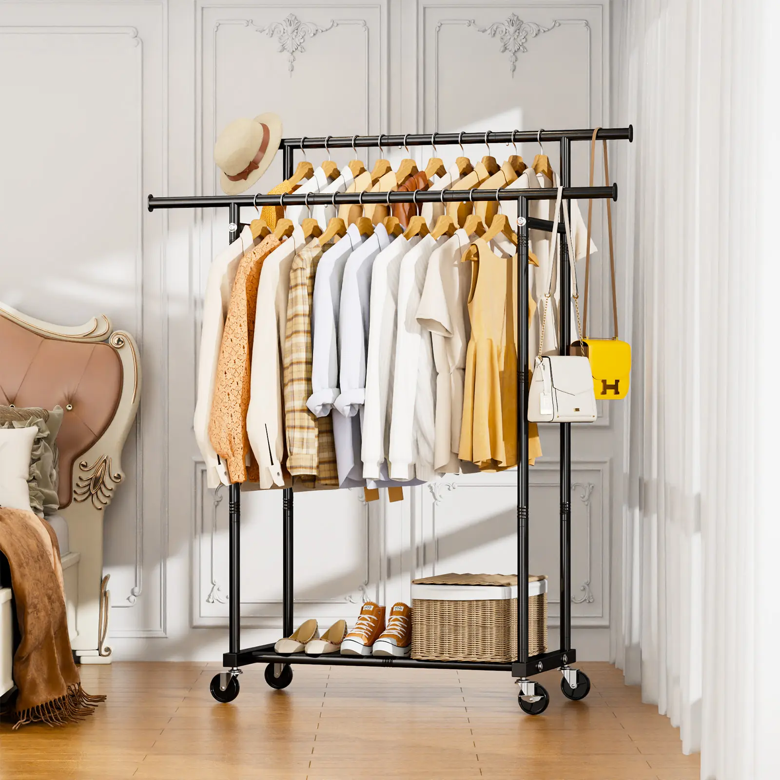 Black Metal Double Decker Rolling Clothes Rack with Wheels - Double Rods, Movable Shelf (Shelf That Moves), 210lbs Max Capacity, Portable Bedroom Home Organizer, Off-the-Ground Metal Rail Storage Holder