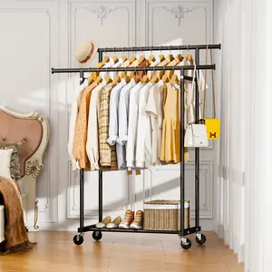 1pc Black Rolling Clothes Rack with Wheels Metal Garment Double Rods Movable Shelf for Hanging Clothes Multi-functional Mobile Space Saving Garment Organizer Freestanding