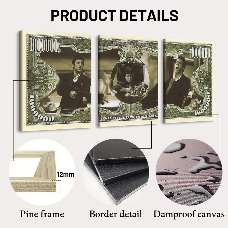 3 Count wooden frame canvas, Gangster Legend Money Pattern poster, Vintage Money Art Decoration, Exquisite Mural, Stylish Bedroom Decoration, Modern Home Decoration, Living Room and Hallway Wall Decoration, HD, waterproof, Art