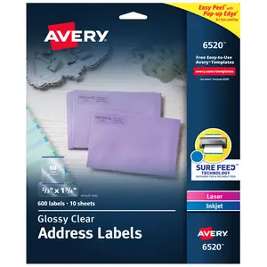 Avery Glossy Clear Address Labels, Sure Feed Technology, Laser/Inkjet, 2/3" x 1-3/4", 600 Labels (6520)