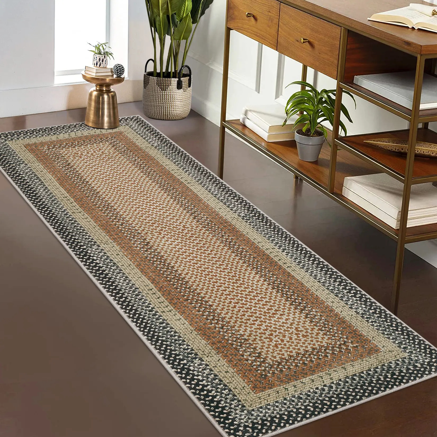 Garvee Machine Washable Non-Slip Area Rug, Low-Pile Braided-Edge Geometric Print Carpet - Mark Resistant, Soft for Living Room Bedroom Dining Room Home Office - Red/Green