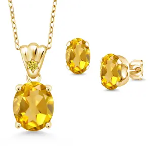 Gem Stone King 18K Yellow Gold Plated Silver Yellow Citrine and Golden Yellow Zirconia Pendant and Earrings Jewelry Set For Women (5.83 Cttw, Gemstone Birthstone, Oval 11X9MM and 8X6MM with 18 Inch Silver Chain)
