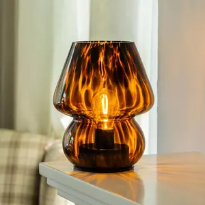 Battery Operated Mushroom Lamp - Vintage Small Table Lamp with Timer, Cordless Bedside Nightstand Lamp, Glass Battery Powered Lamp for Bedroom Kitchen Living Room Shelf Decor Aesthetic Amber
