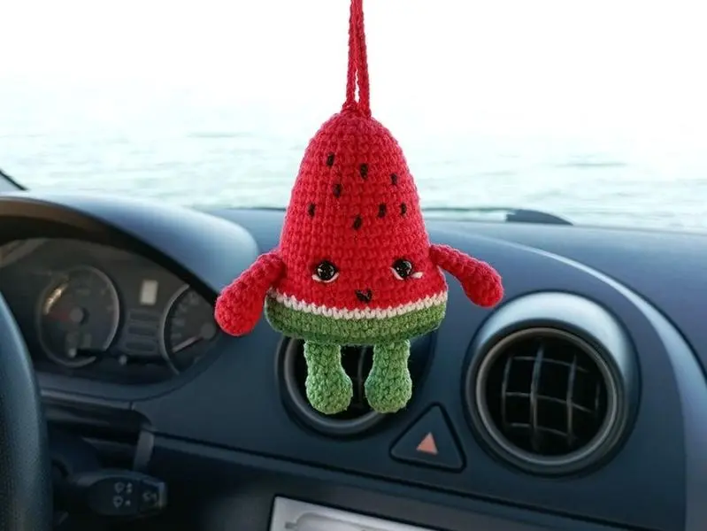 Crochet Watermelon, Fruit Car Rear View Mirror Hanging Charm, Gift For New Car, Backpack Decor, Handmade, Independence Day Gift.