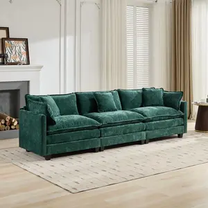 Sofa Couch 3 Seats for Living Room,Modern Modular Sectional Sofa 3-Seat 113.8" Chenille Removable Memory Foam Sofa with 3 Throw Pillows,2 Lumbar Pillows,for Bedroom Apartment,Green