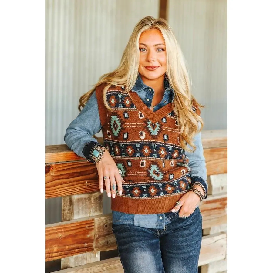 LUCKY & BLESSED Brown & Turquoise Southwestern Knit Sweater Vest — Cinnamon Base with Geometric Aztec Pattern (small remains)