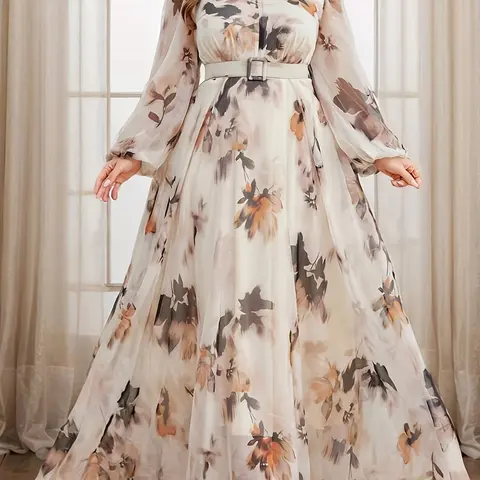 Plus Size Women's Long Sleeve Long All Over Floral Print Dress with Waist Belt, Boho Belted, Bohemian Print Dress, Elegant Summer Dress, Casual Chic Dress, Comfortable and Stylish Womenswear Clothing, Classy Elegant, Casual Dresses, Bohemian Aesthetic