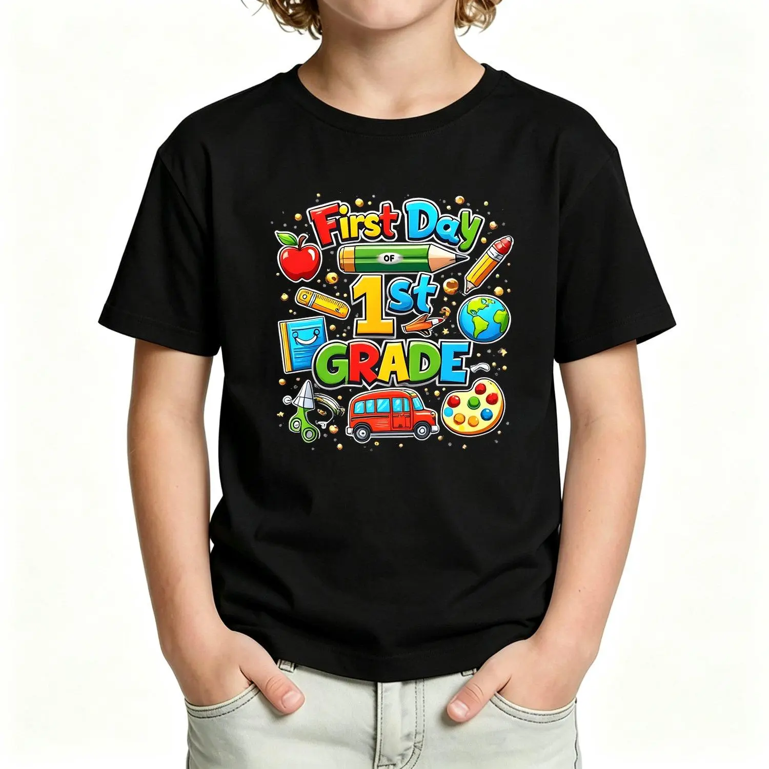 1St Grade First Day of School T-Shirt for Boys And Girls - School-Themed Short Sleeve Crew Neck Tee with Back-To-Class Print, Breathable Casual Top Suitable for Year-Round Wear, Gift for New 1St Grader