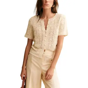 Womens Casual Short Sleeve Crochet Knit Cardigans Lightweight Button Down Hollow Out Sweater Tops