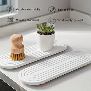 2PCS-Diatomaceous Earth Sink Organizer Tray- Absorbent Stone Kitchen And Bathroom Countertop Holder, Striped Design, 12x4inch, Quick-Drying Toothbrush Holder Mat, Bathroom Decor And Accessories, Bathroom Tray
