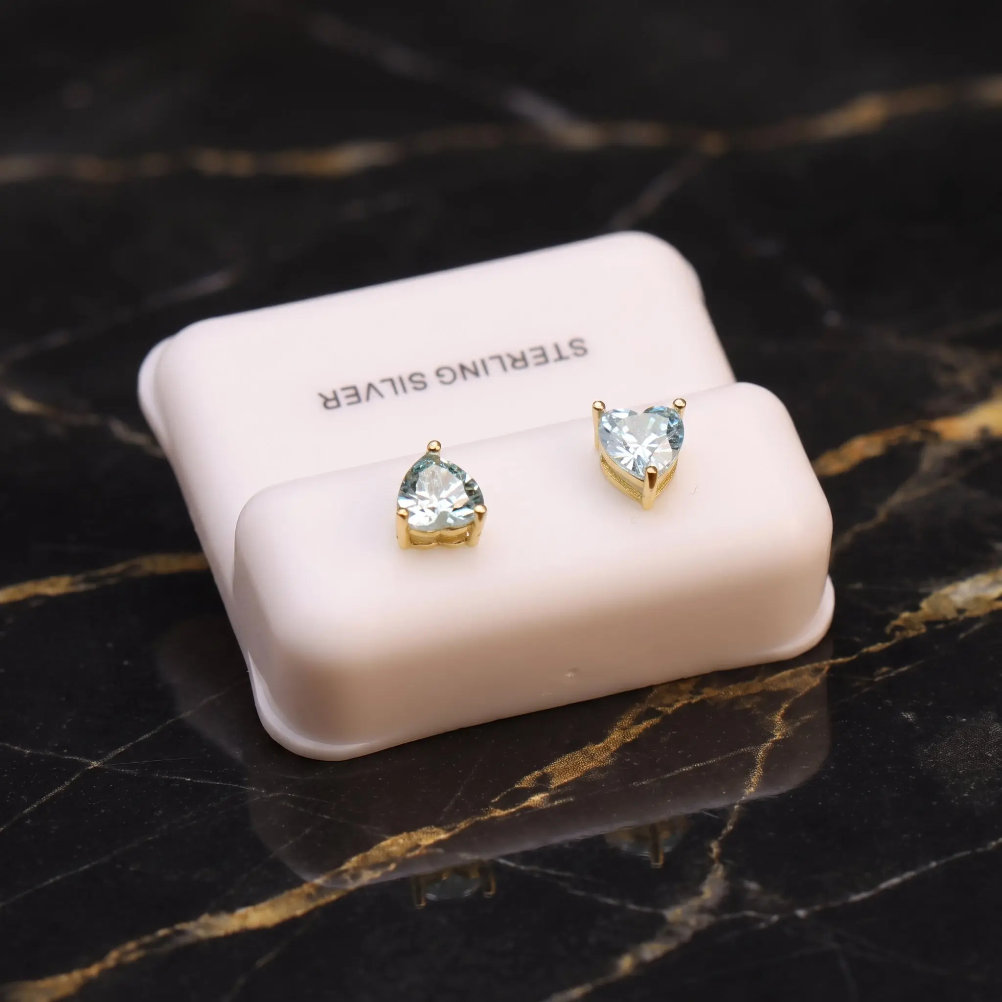 Blue Topaz Cz Earrings Heart 14k Gold Over 925 Sterling Silver 6mm