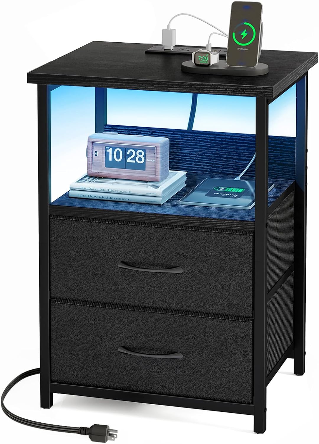 Night Stand with Charging Station, LED Nightstand with U-S-B Ports and Outlets, 2 Fabric Storage Drawers with PU Finish, Small Bedside Table, Black