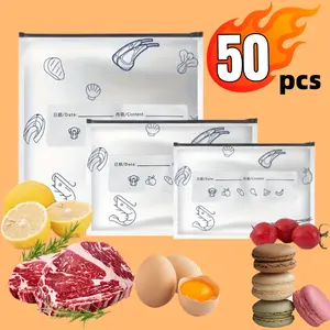 2026 New Reusable Aluminum Foil Storage Bags 50pcs Sealable Resealable Vacuum Zipper iPouches Stand Up with Label Zip Lock for Food Vegetable Fruit Meat Refrigerated Organiser