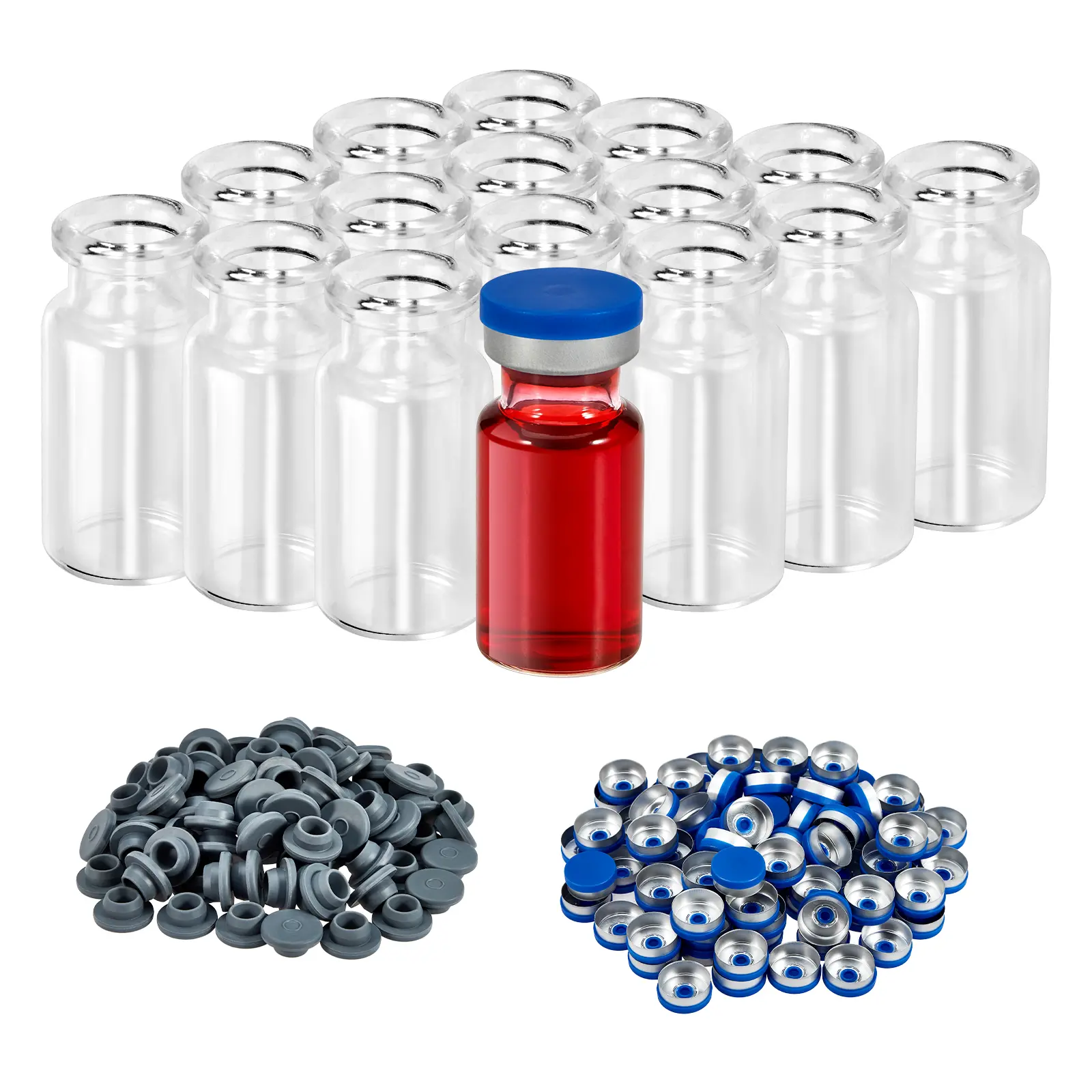 10ml Amber Glass Vials-2-1/2 Dram Amber Glass Headspace Vials with Plastic-Aluminum Flip Caps and Rubber Injection Stoppers, 100 Pack, 20mm Flat Bottom Lab Vial, 100 Sets, 12.5Mm Inner Diameter