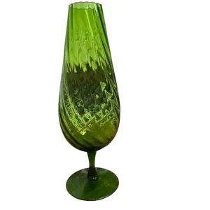 #3 Vintage Empoli Italy Hand Blown Green Swirl Optic Art Glass Pedestal Vase stands at 12 inches tall
