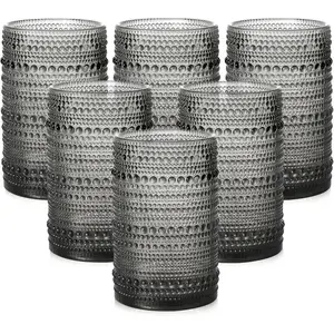 Glassware Drinking Glasses Set of 6,15 oz Hobnail Glass Cups,Embossed Grey Water Tumbler,for ,,,Juice and Various Mixed Drinks- 1 Cleaning Brush