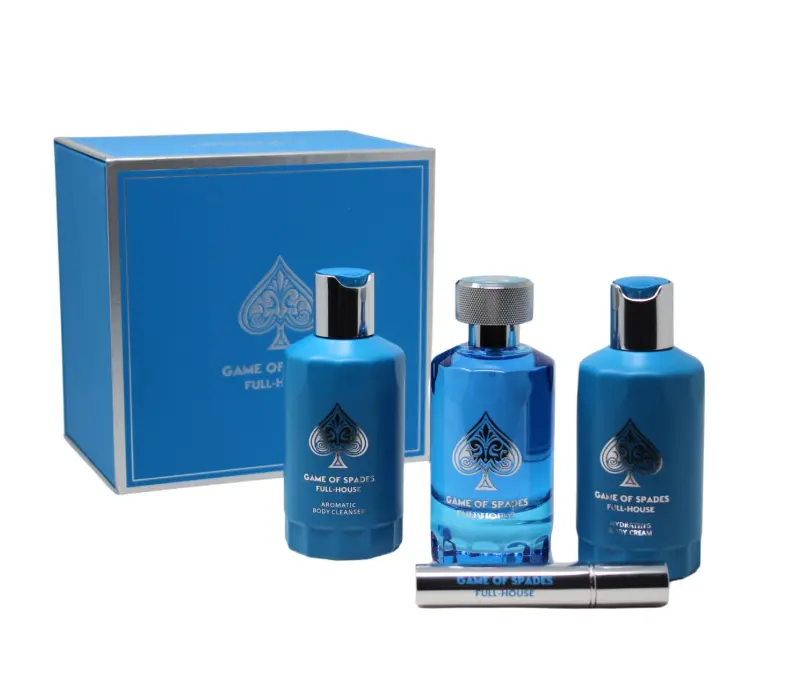 GAME OF SPADES Full House Fragrance Ensemble Set, 4-Piece Non-Toxic Cologne Gift Box for Men with Parfum, Body Cleanser, Cream & Travel Spray, Fragrance Cologne, Gifts For Boyfriends, Mini Gift Sets