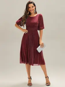 Ever-Pretty  dress Spring 2026 Evening dress Chic Sparkly Round Neck Puff Half - Sleeve Pleated Midi Dress with Flowy Skirt for Party,wedding guest dress,holiday dress 2561