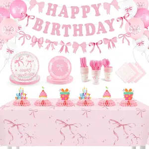 226 count  Bow Birthday Decorations Serve 25,  Birthday Party Supplies Include Plates Napkins Cups Banner Tablecloth Balloons Honeycomb Centerpieces for Girls & Women