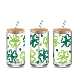 St.Patrick's Day Lucky Heart-Shaped Shamrock 16oz Glass Can Cup with Lid and Straw,Reusable Glass Drinking Cup for Iced Coffee,Hot Chocolate,Stylish Fashionable Glassware,Perfect Gift for St.Patrick's Day Enthusiasts,Lucky Theme&Heart-Shaped Clover Lovers