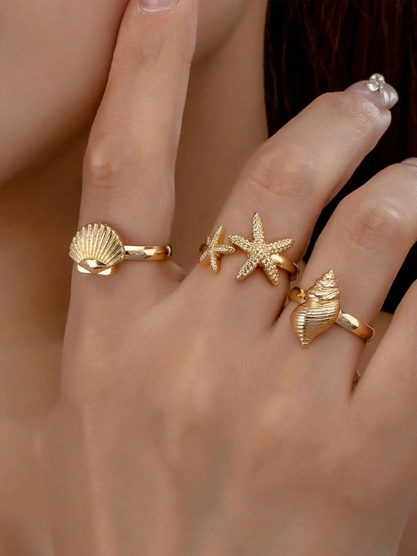 3-Piece Women's Ring Set, Bold Ocean-Inspired Metal Shell and Starfish Stackable Rings, Fashionable Seashell Shape Open Rings, Beach Vacation Accessory, Gift Idea, Fashionable Jewelry