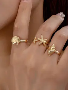 3-Piece Women's Ring Set, Bold Ocean-Inspired Metal Shell and Starfish Rings, Fashionable Seashell Shape Open Rings, Beach Vacation Accessory, Gift Idea