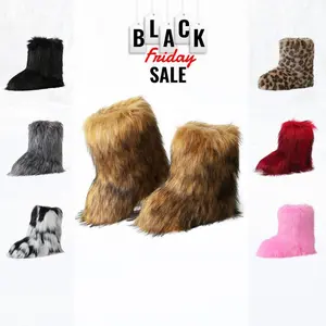 Faux Fur Boots for Womens Round Toe Mid Calf Boot Pull On Flat Heel Fluffy Warm Fuzzy Faux Fur Winter Shoes Snow Fur Short Cozy Comfortable Outdoor Booties Winter Boots Chunky furry boots snow boots for women
