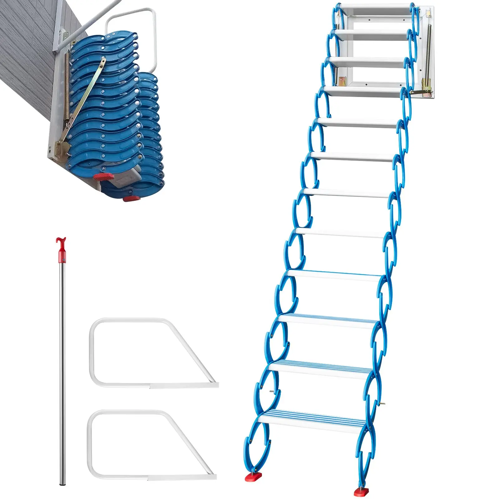 【DealsForYouDays】VEVOR Attic Steps Pull Down 12 Steps Attic Stairs, Alloy Attic Access Ladder, Blue Pulldown Attic Stairs, Wall-mounted Folding Stairs for Attic, Retractable Attic Ladder with Armrests, 9.8 feet Heigh