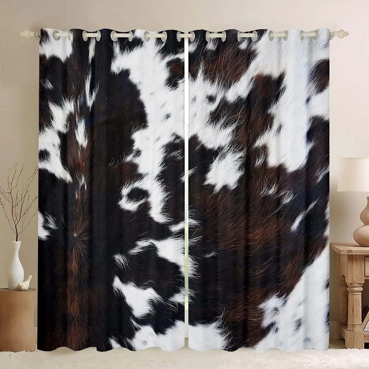Brown Cowhide Window Curtains,Western Black White Cow Print Curtains,Bull Cattle Animal Fur Curtain Drapes,Rustic Farmhouse Cowboy Window Treatments