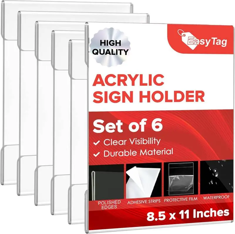 Easy Tag Acrylic Sign Holder 8.5 x 11 Wall Mount, Clear Sign Holders with Adhesive Strips, Wall Document Holder Plastic, Perfect Business & Store Sign Holders, No Drilling