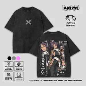 Bleach Yoruichi Shihouin Washed T-Shirt Vintage Acid Wash Anime Graphic Tee Unisex Streetwear Cotton Shirt Manga Gift for Men Women