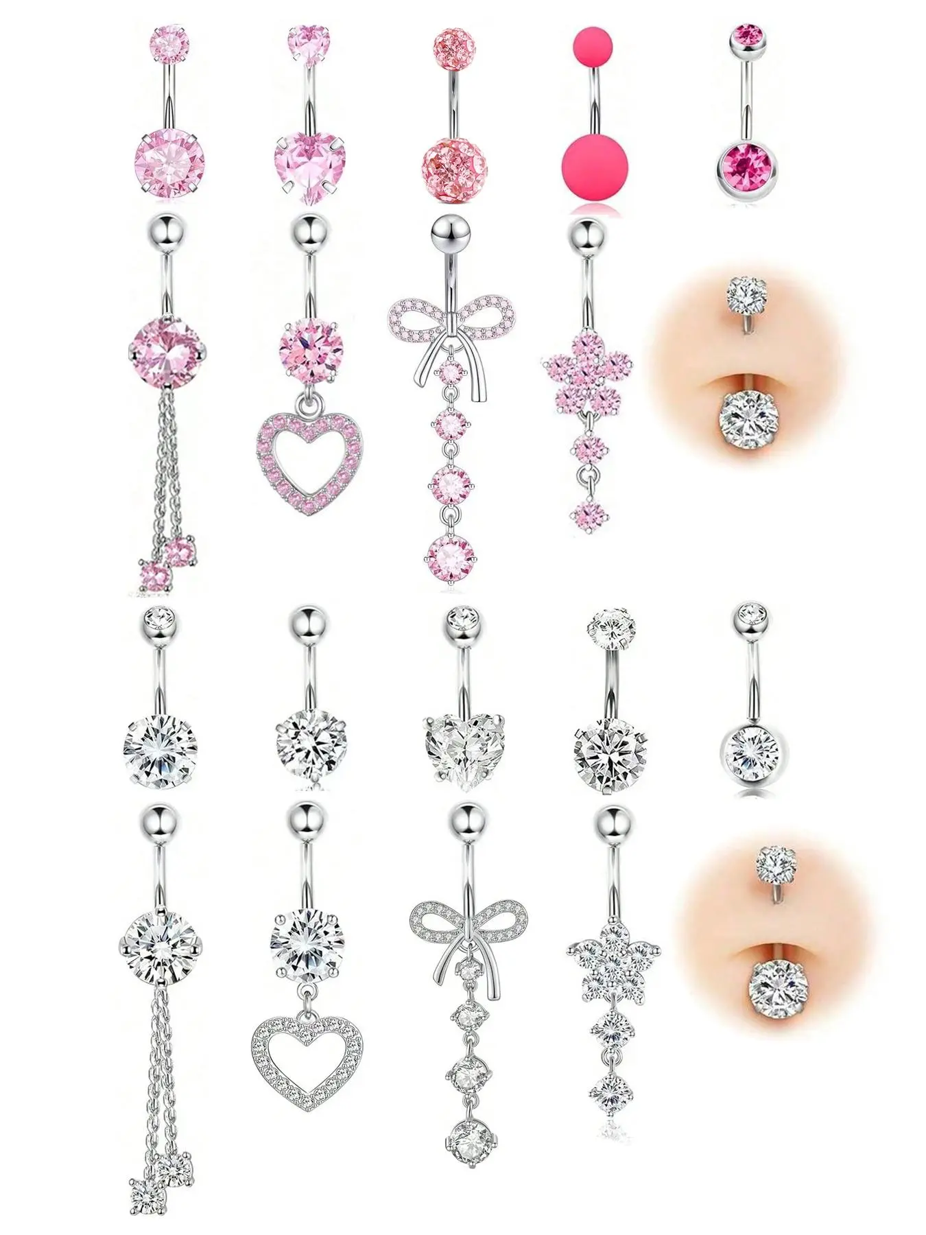 9 Counts Stainless Steel Belly Button Ring, Bow Heart Design with 14g Cz, Flower Navel Rings, Stylish Women's Piercing Jewelry, Chic Body Jewelry