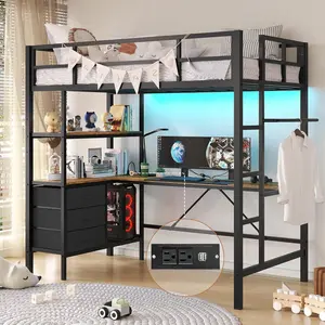 Sikaic Twin Loft Bed with L-Shaped Desk, LED Lights, Charging Station LED Metal Kids Loft Bed Twin Size with 3 Storage Shelves and 3 Fabric Drawers, Safety Guard & Ladder, No Box Spring Needed
